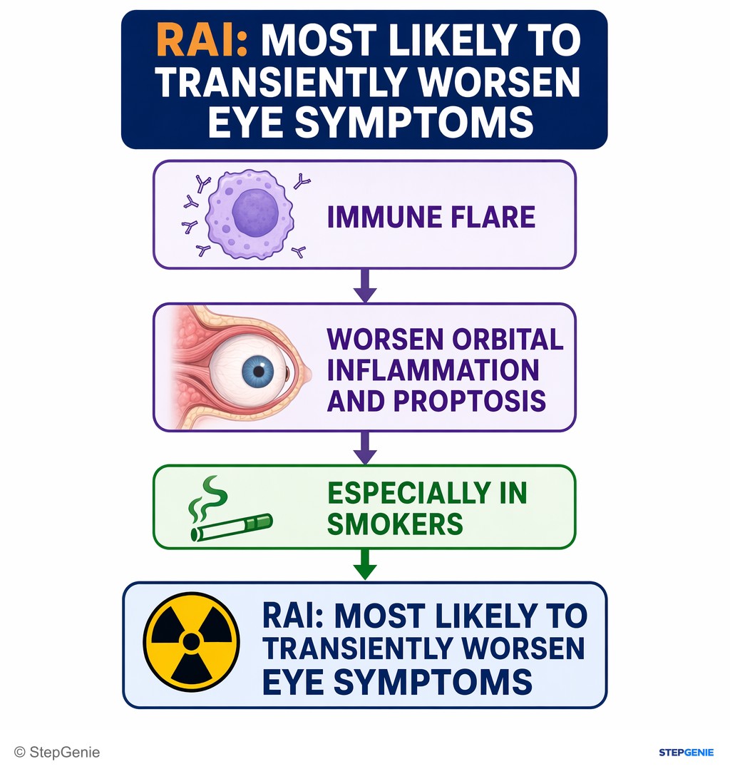 Reasoning step 5: This immune flare can worsen orbital inflammation and proptosis, especially in smokers, making RAI the intervention most likely to transiently…