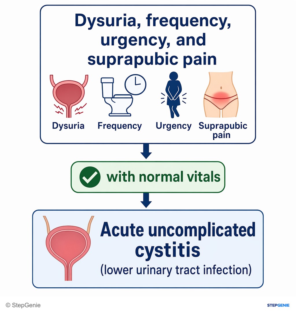 Reasoning step 1: Dysuria, frequency, urgency, and suprapubic pain with normal vitals indicate acute uncomplicated cystitis (lower urinary tract infection).