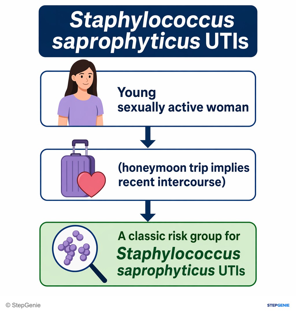 Reasoning step 3: Patient is a young sexually active woman (honeymoon trip implies recent intercourse), a classic risk group for Staphylococcus saprophyticus UTIs.