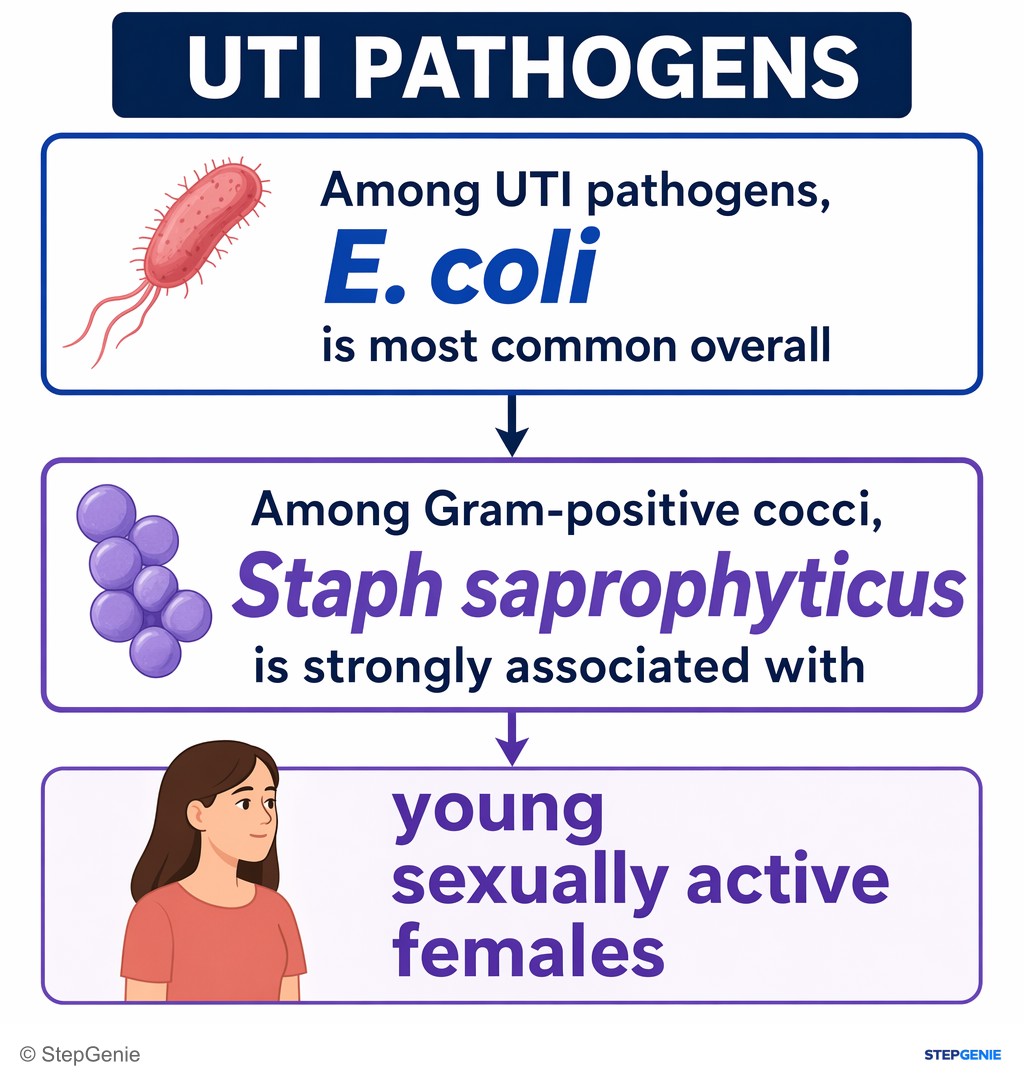Reasoning step 4: Among UTI pathogens, E. coli is most common overall, but among Gram-positive cocci, Staph saprophyticus is strongly associated with young sexually…