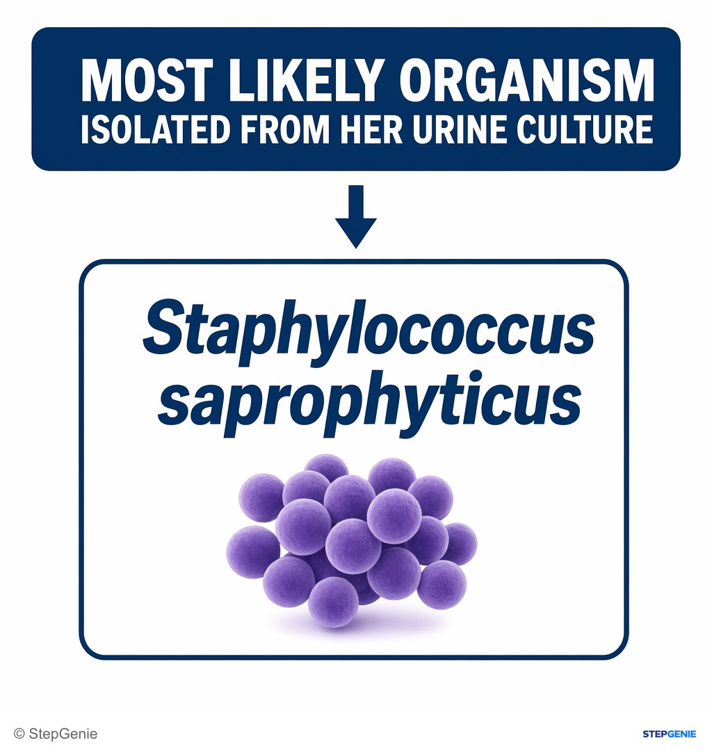 Reasoning step 5: Therefore, the most likely organism isolated from her urine culture is Staphylococcus saprophyticus.