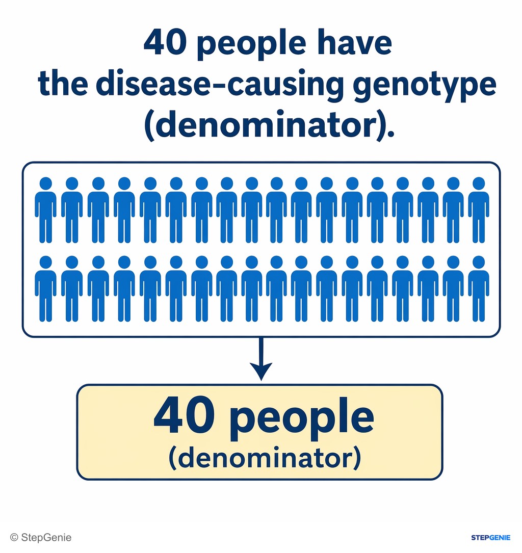 Reasoning step 4: Here, 40 people have the disease-causing genotype (denominator).