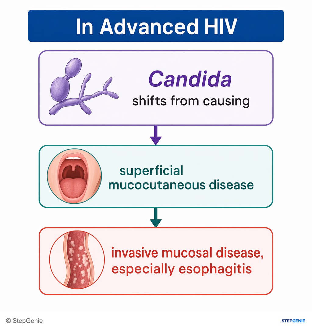 Reasoning step 2: In advanced HIV, Candida shifts from causing superficial mucocutaneous disease to invasive mucosal disease, especially esophagitis.