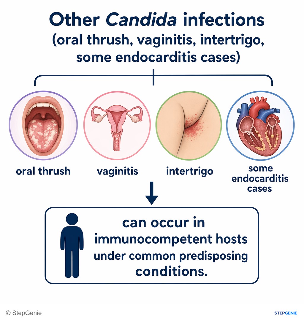 Reasoning step 4: Other Candida infections (oral thrush, vaginitis, intertrigo, some endocarditis cases) can occur in immunocompetent hosts under common predisposing…