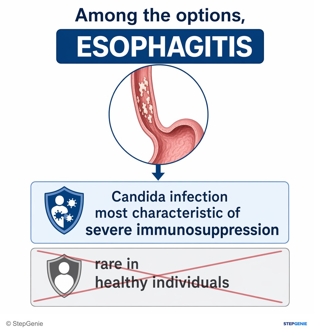 Reasoning step 5: Therefore, among the options, esophagitis is the Candida infection most characteristic of severe immunosuppression and rare in healthy individuals.