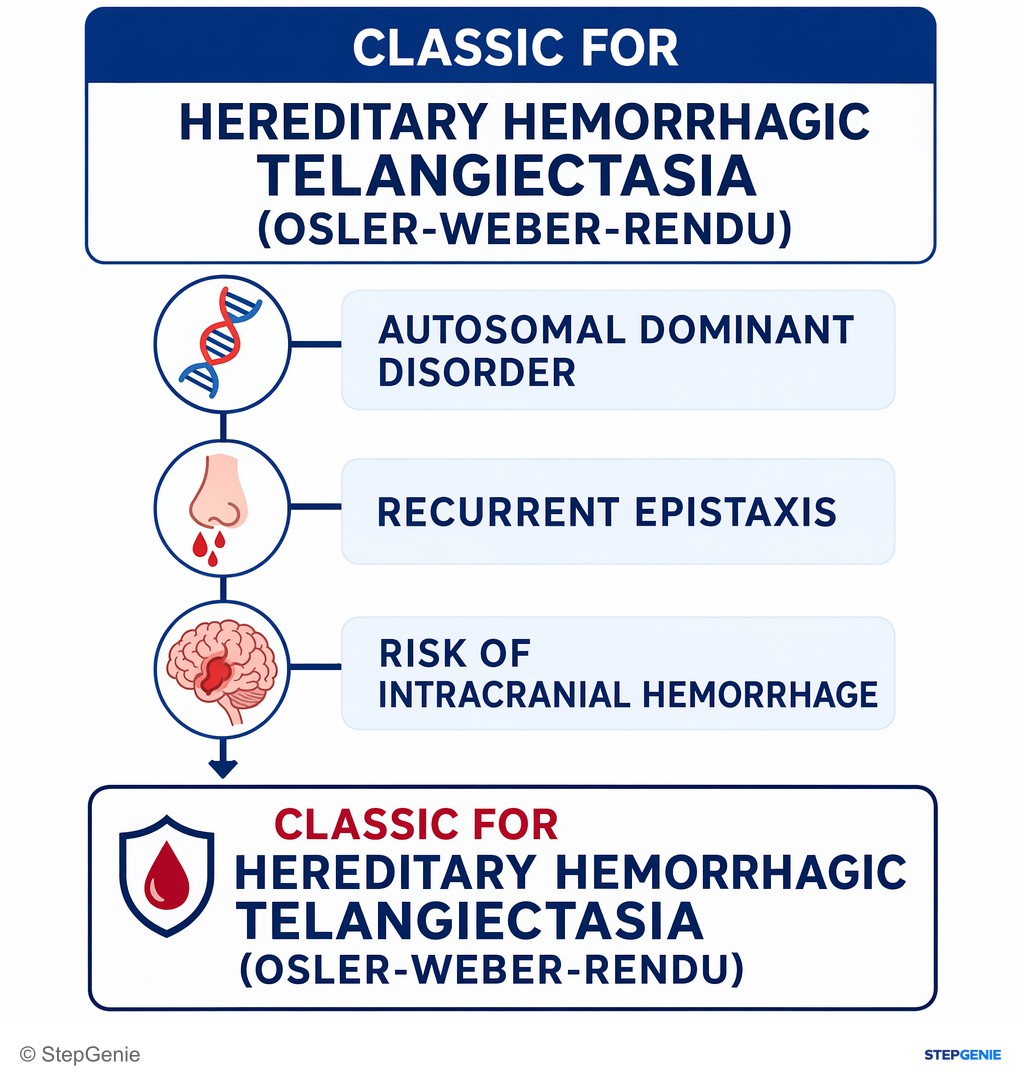 Reasoning step 3: Autosomal dominant disorder with recurrent epistaxis and risk of intracranial hemorrhage is classic for hereditary hemorrhagic telangiectasia…