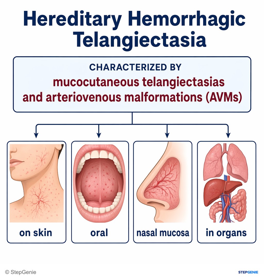 Reasoning step 4: Hereditary hemorrhagic telangiectasia is characterized by mucocutaneous telangiectasias and arteriovenous malformations (AVMs) on skin, oral, and…
