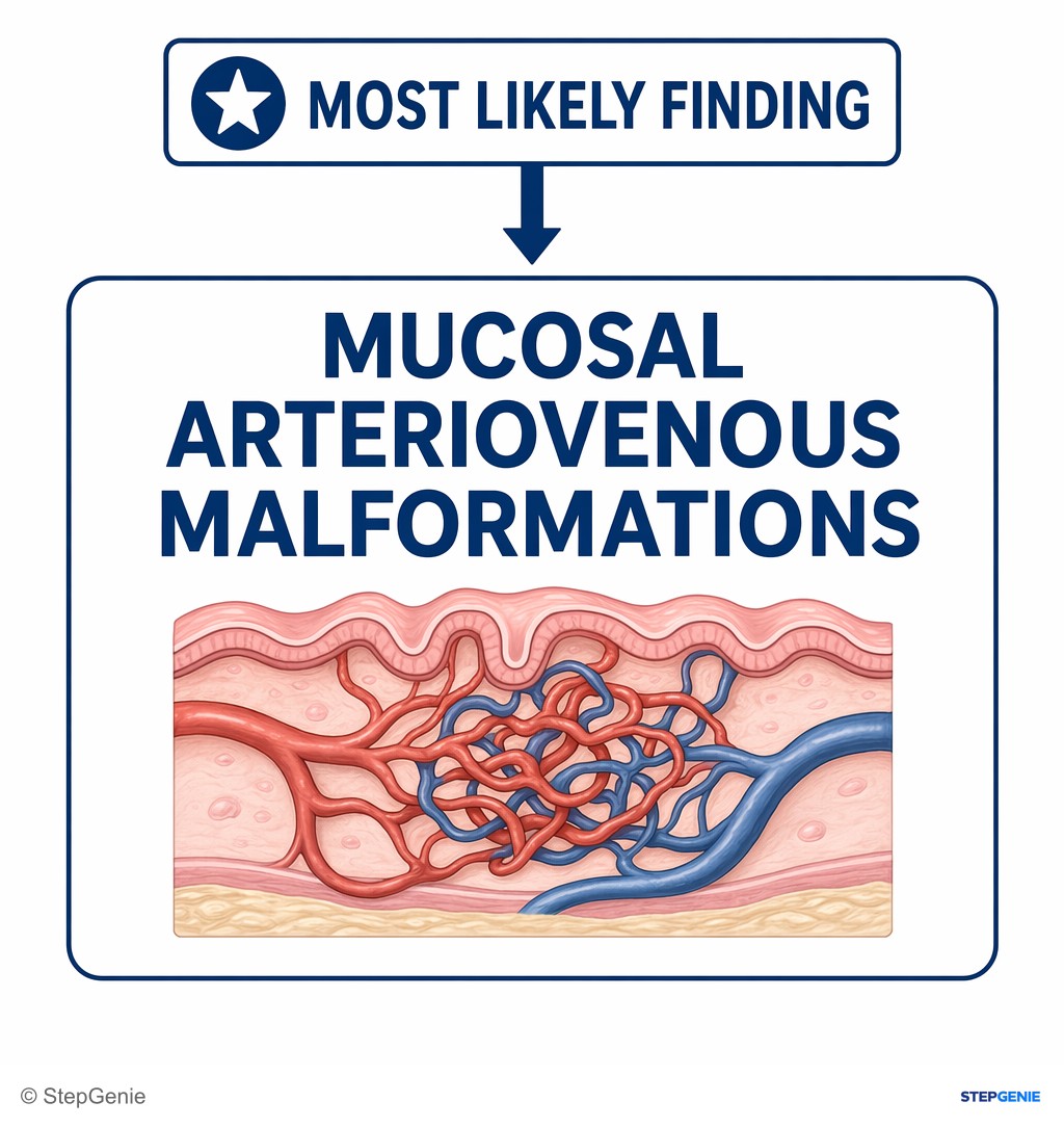 Reasoning step 5: Therefore, the most likely finding in this patient is mucosal arteriovenous malformations.