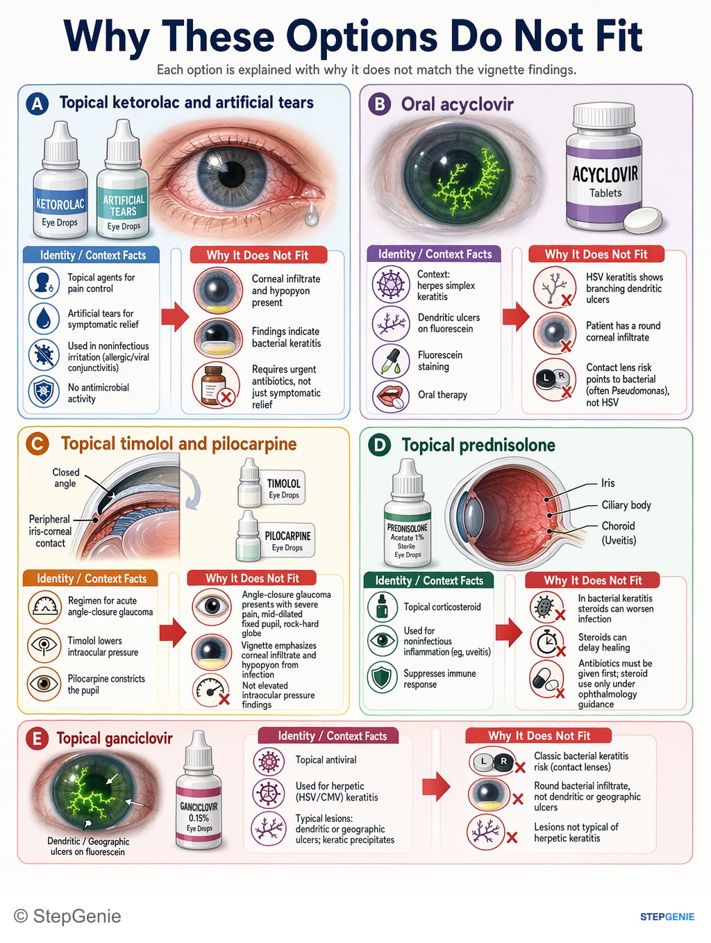 Why the other options are wrong: Bacterial keratitis (contact lens–associated, often Pseudomonas) causes painful red eye with corneal infiltrate; treat urgently…