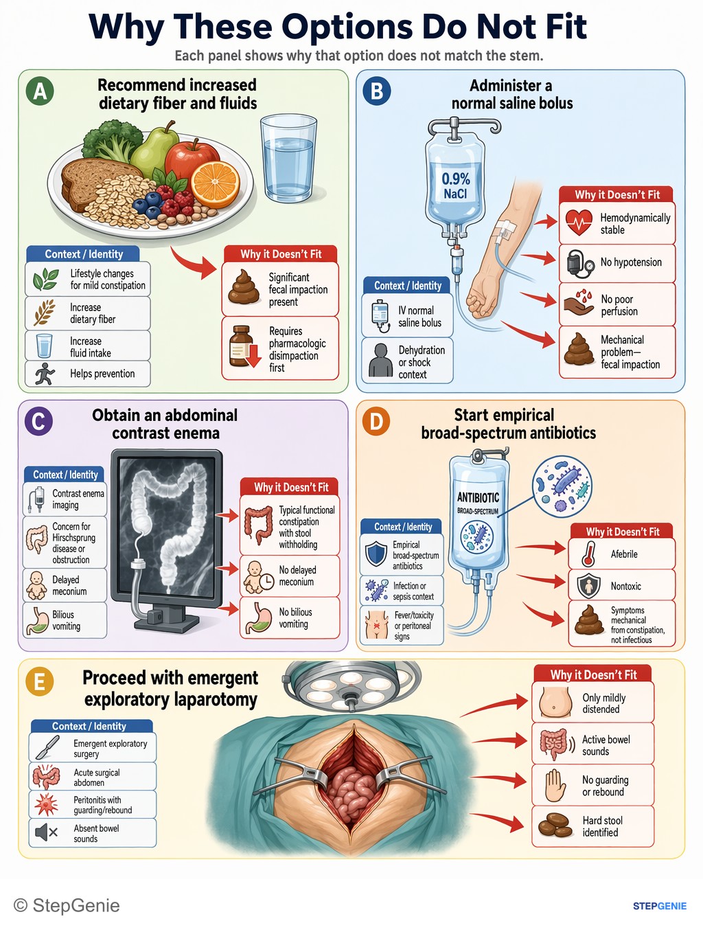 Why the other options are wrong: Functional constipation with anal fissure in a well-appearing child is treated first-line with oral polyethylene glycol for…