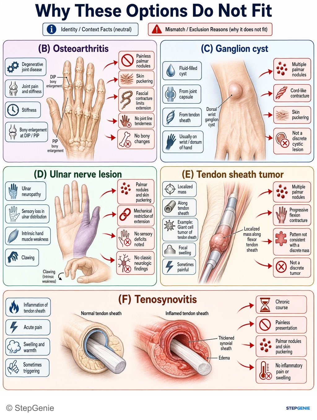 Why the other options are wrong: Dupuytren contracture from palmar fibromatosis causes progressive flexion contractures of 4th/5th fingers with palmar nodules…