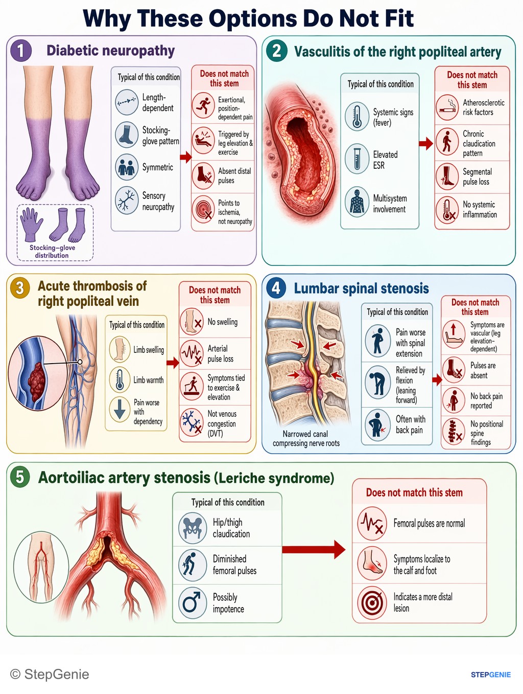 Why the other options are wrong: Peripheral arterial disease from femoropopliteal stenosis → exertional calf claudication, dependent rubor/elevation pallor,…