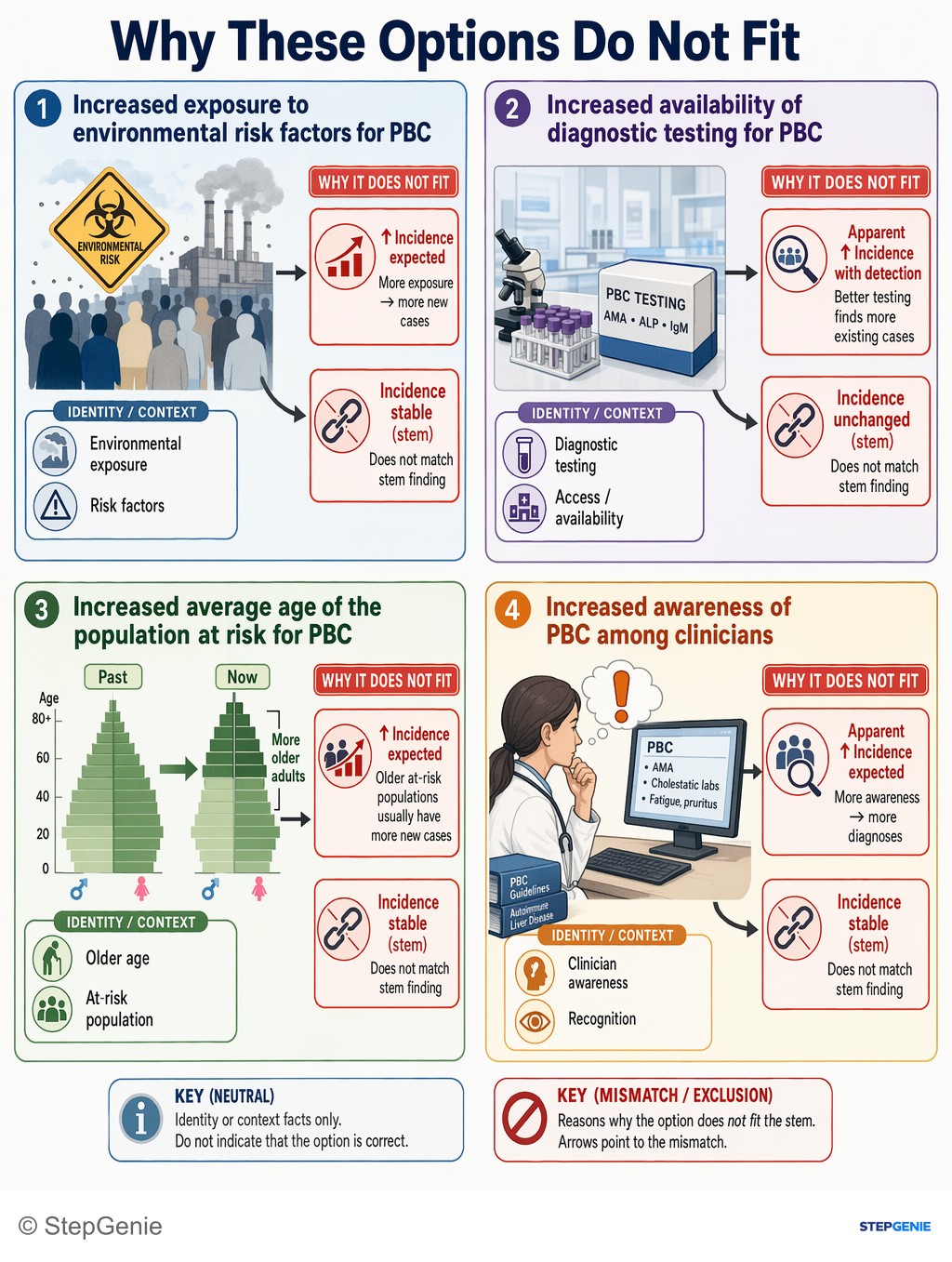 Why the other options are wrong: Primary biliary cholangitis prevalence can rise despite stable incidence when patients live longer due to improved quality of…