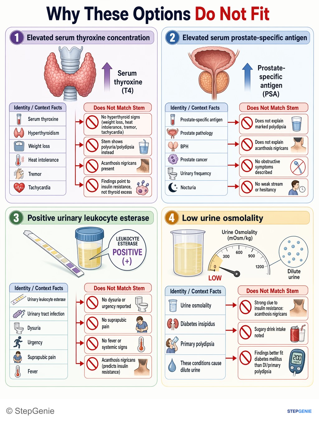 Why the other options are wrong: Type 2 diabetes mellitus from insulin resistance causes hyperglycemia → osmotic diuresis with polyuria/polydipsia and acanthosis…