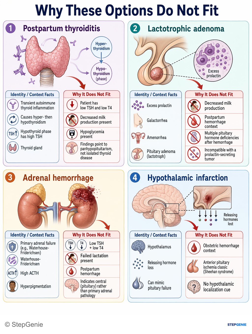 Why the other options are wrong: Sheehan syndrome: postpartum pituitary ischemic necrosis after hemorrhage → panhypopituitarism with agalactia, fatigue,…