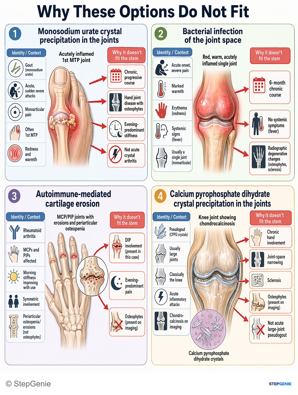 Why the other options are wrong: Osteoarthritis: degenerative cartilage loss with subchondral sclerosis and osteophytes causing evening joint pain and stiffness…