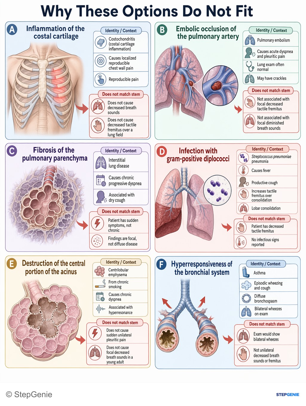 Why the other options are wrong: Primary spontaneous pneumothorax from apical subpleural bleb rupture in tall, thin young smoker → acute pleuritic chest pain,…