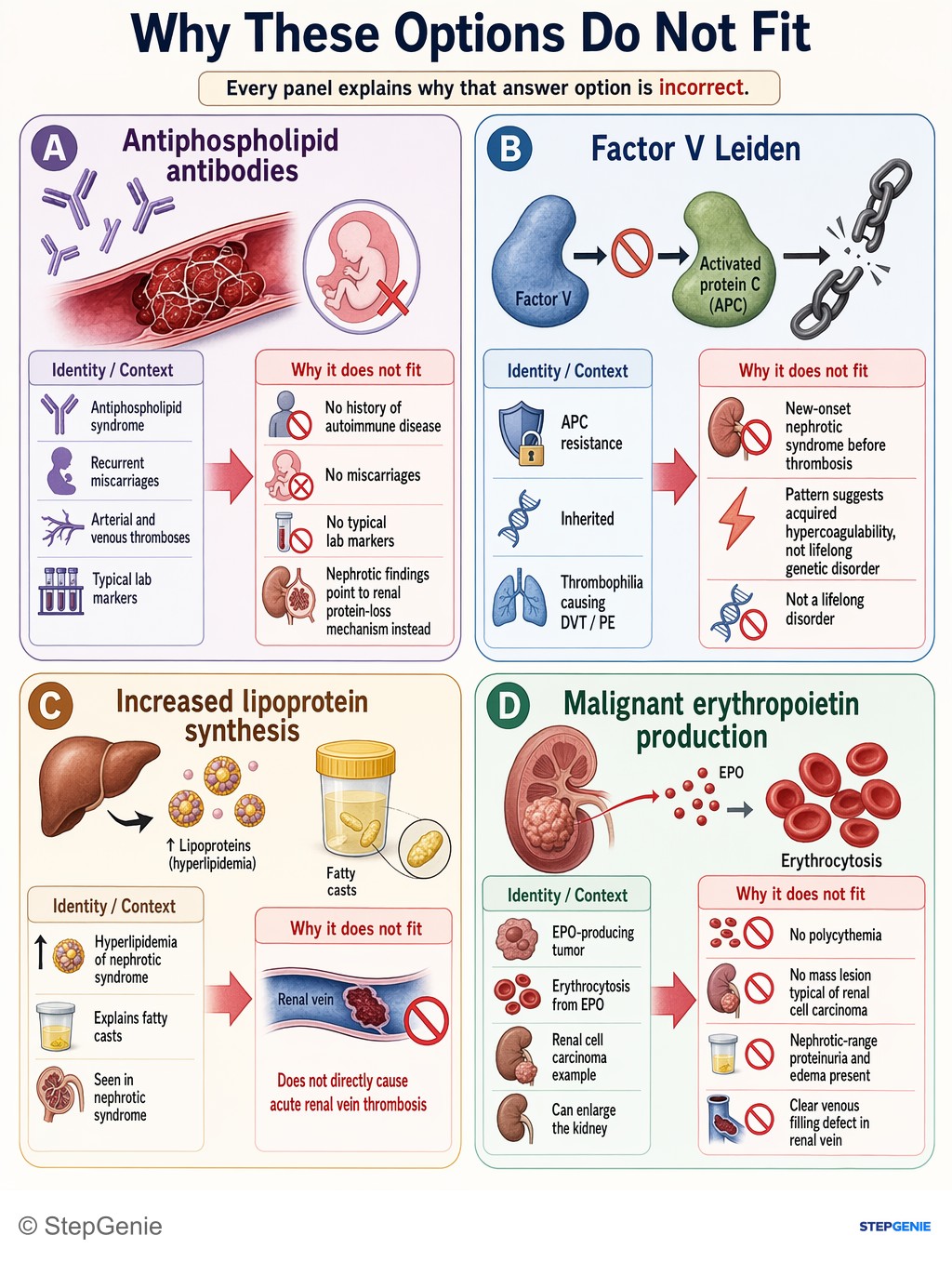 Why the other options are wrong: Nephrotic syndrome (heavy proteinuria, edema) causes urinary loss of antithrombin III, predisposing to renal vein thrombosis…