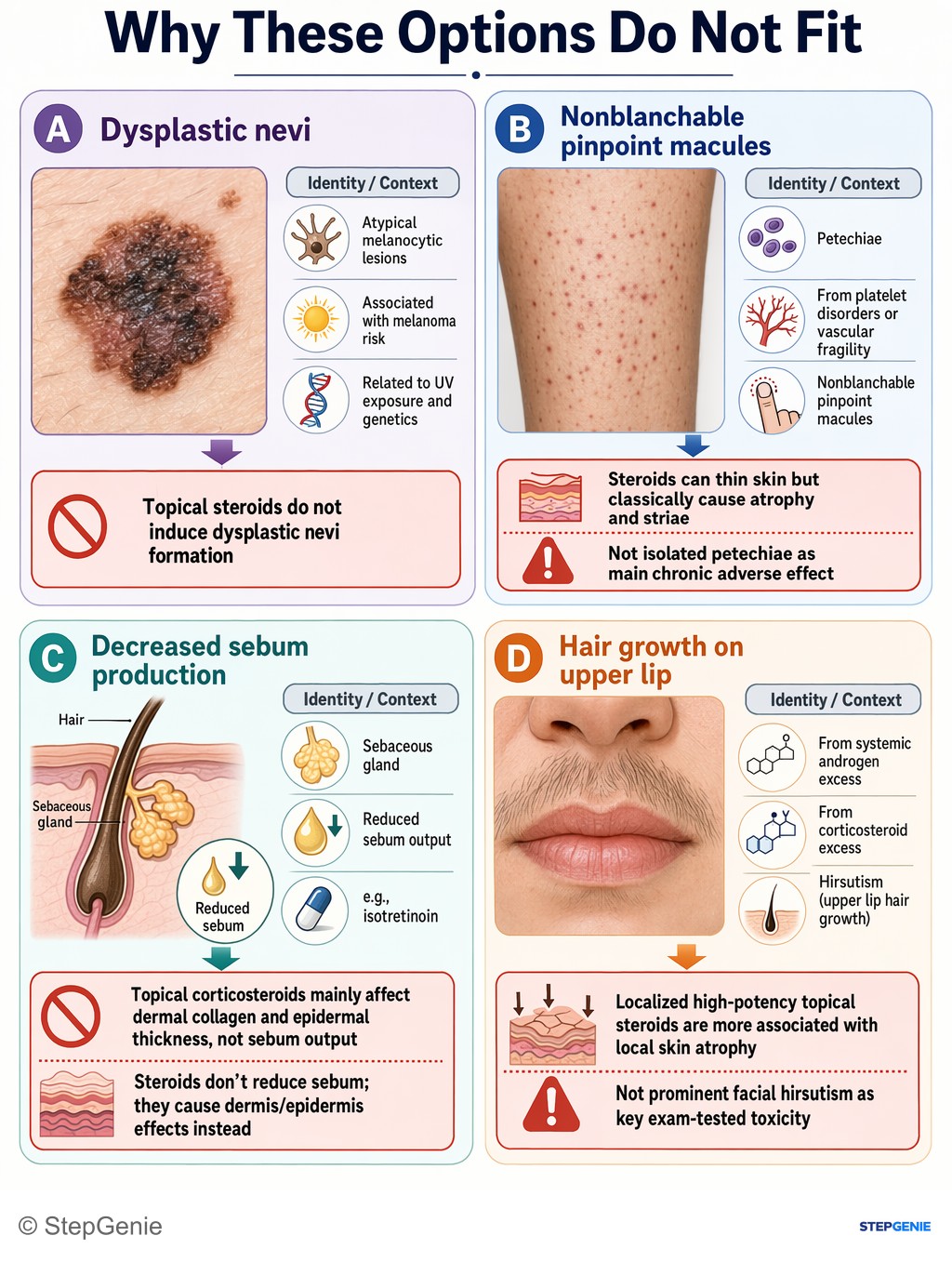 Why the other options are wrong: Chronic high-potency topical corticosteroids inhibit NF-κB and PLA2, causing skin atrophy from dermal collagen loss and striae,…