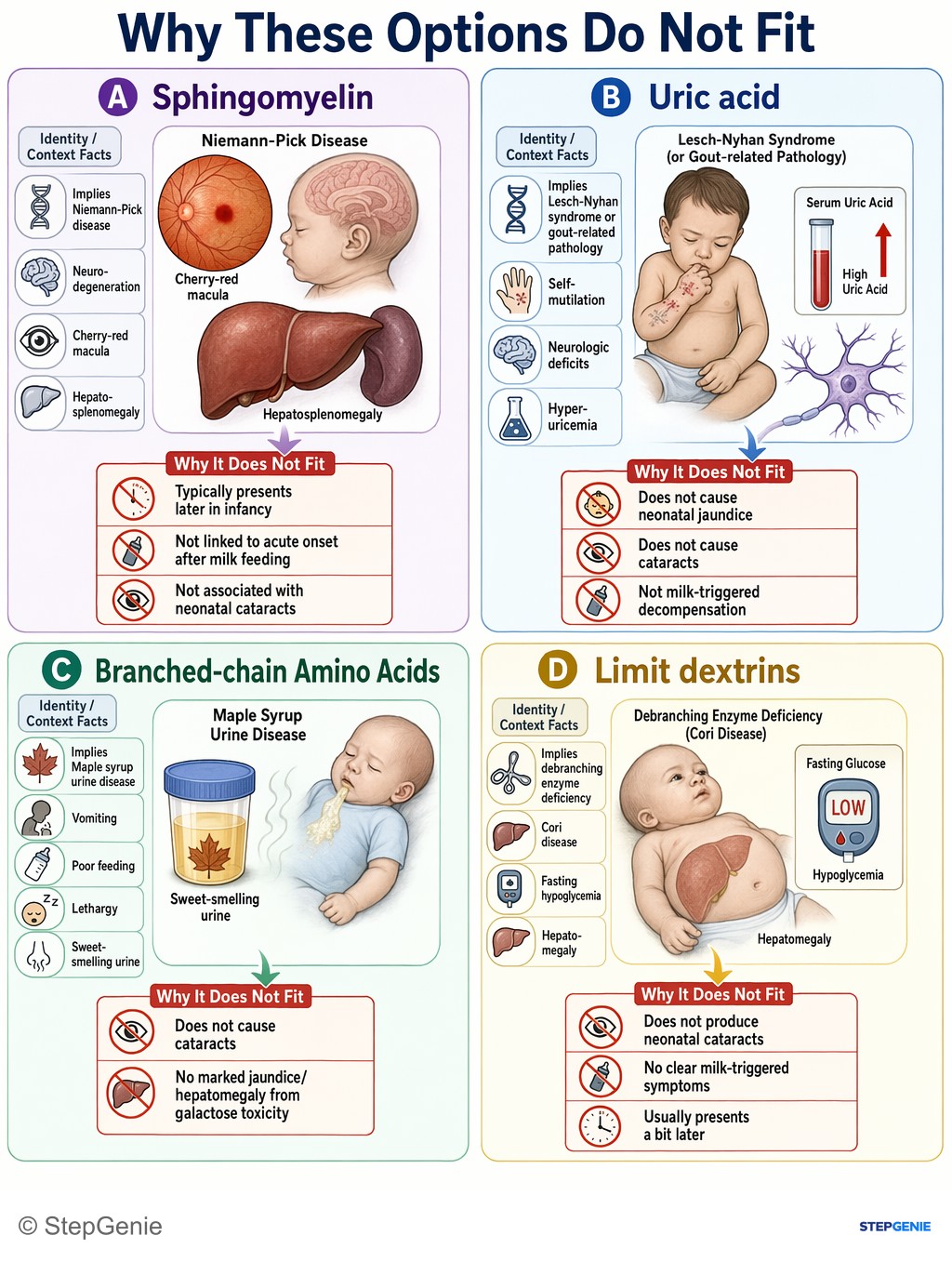 Why the other options are wrong: Classic galactosemia (GALT deficiency) → ↑ galactose-1-phosphate, neonatal jaundice, cataracts, vomiting, hypoglycemia,…