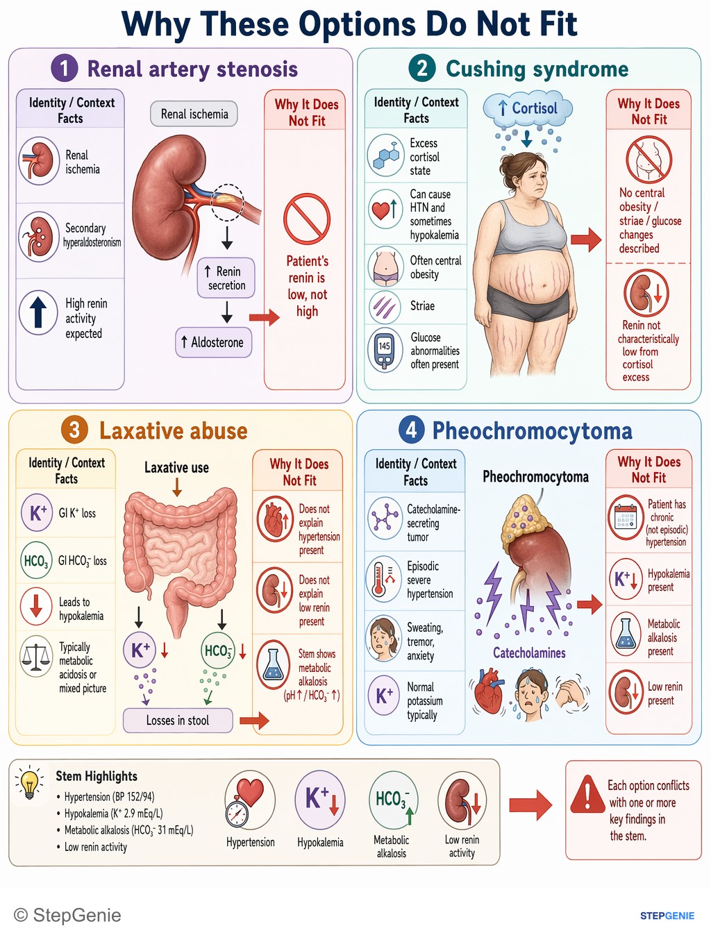 Why the other options are wrong: Primary hyperaldosteronism (aldosteronoma): HTN, hypokalemic metabolic alkalosis, low renin, normal creatinine due to autonomous…