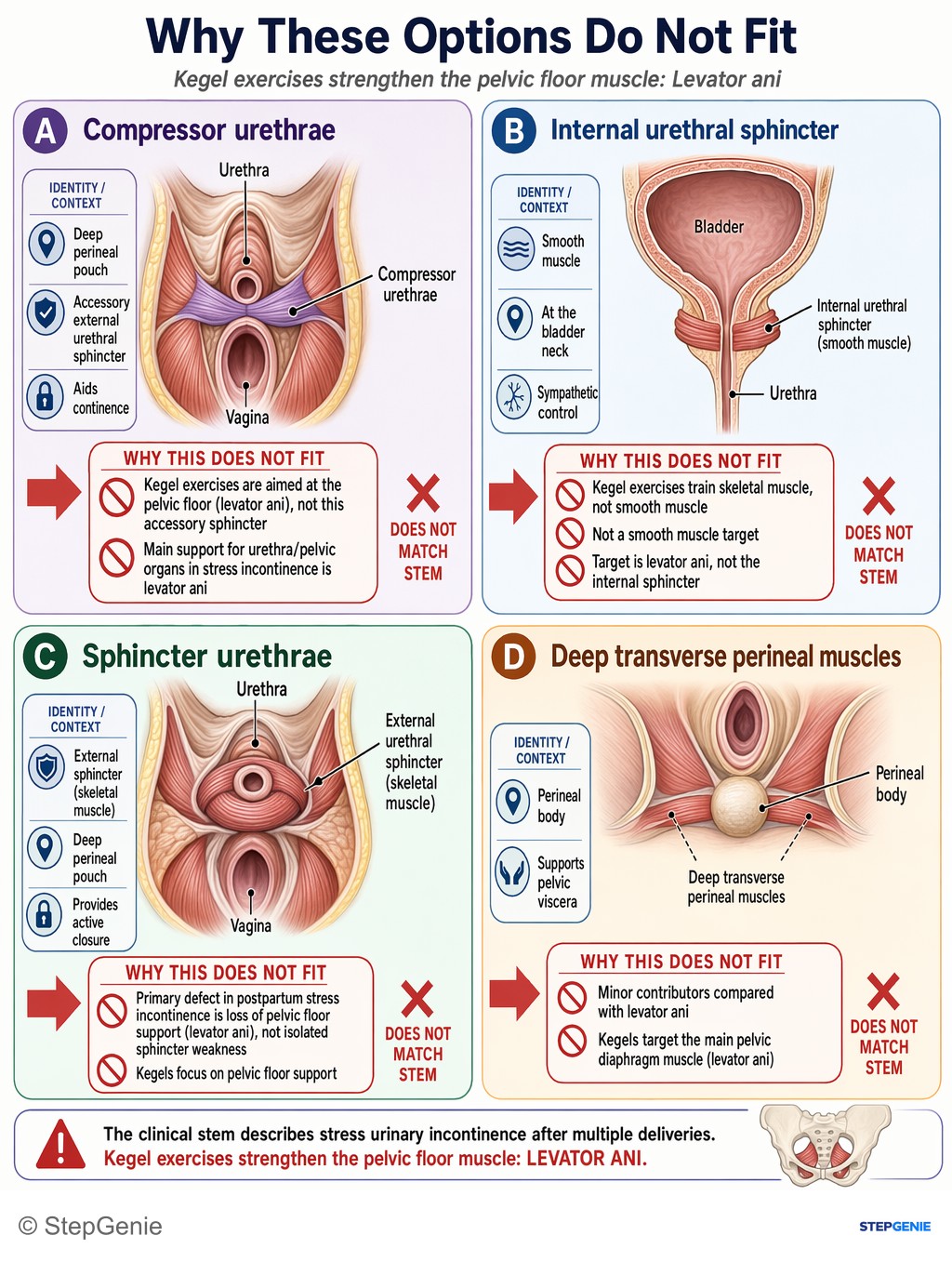 Why the other options are wrong: Stress urinary incontinence from pelvic floor weakness is treated with Kegel exercises, which primarily strengthen the levator…