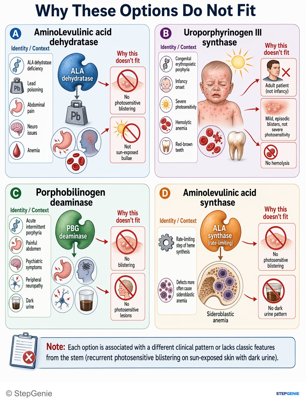 Why the other options are wrong: Porphyria cutanea tarda from uroporphyrinogen decarboxylase deficiency → photosensitive blistering on sun-exposed skin and dark…
