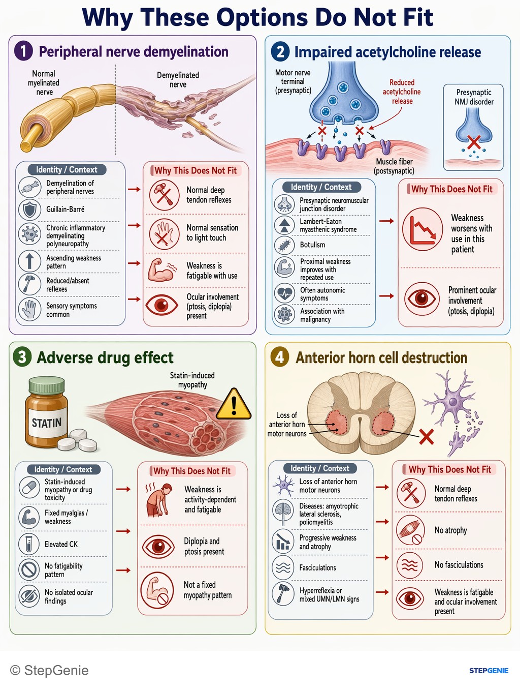 Why the other options are wrong: Myasthenia gravis: autoantibodies (type II hypersensitivity) against postsynaptic ACh receptors cause fatigable weakness,…