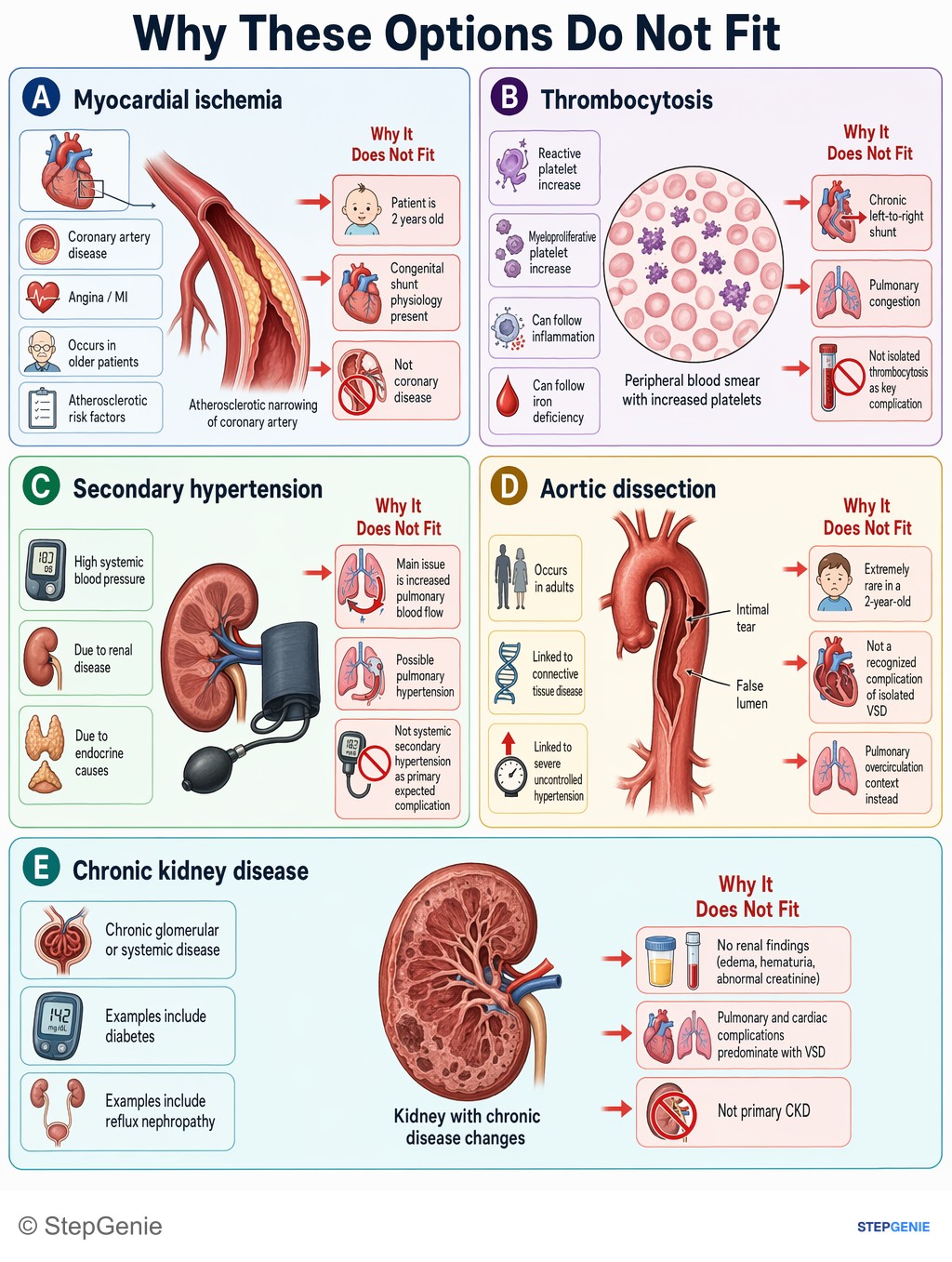 Why the other options are wrong: Unrepaired VSD with chronic pulmonary overcirculation → recurrent infections + crackles + murmurs → chronic hypoxemia → digital…