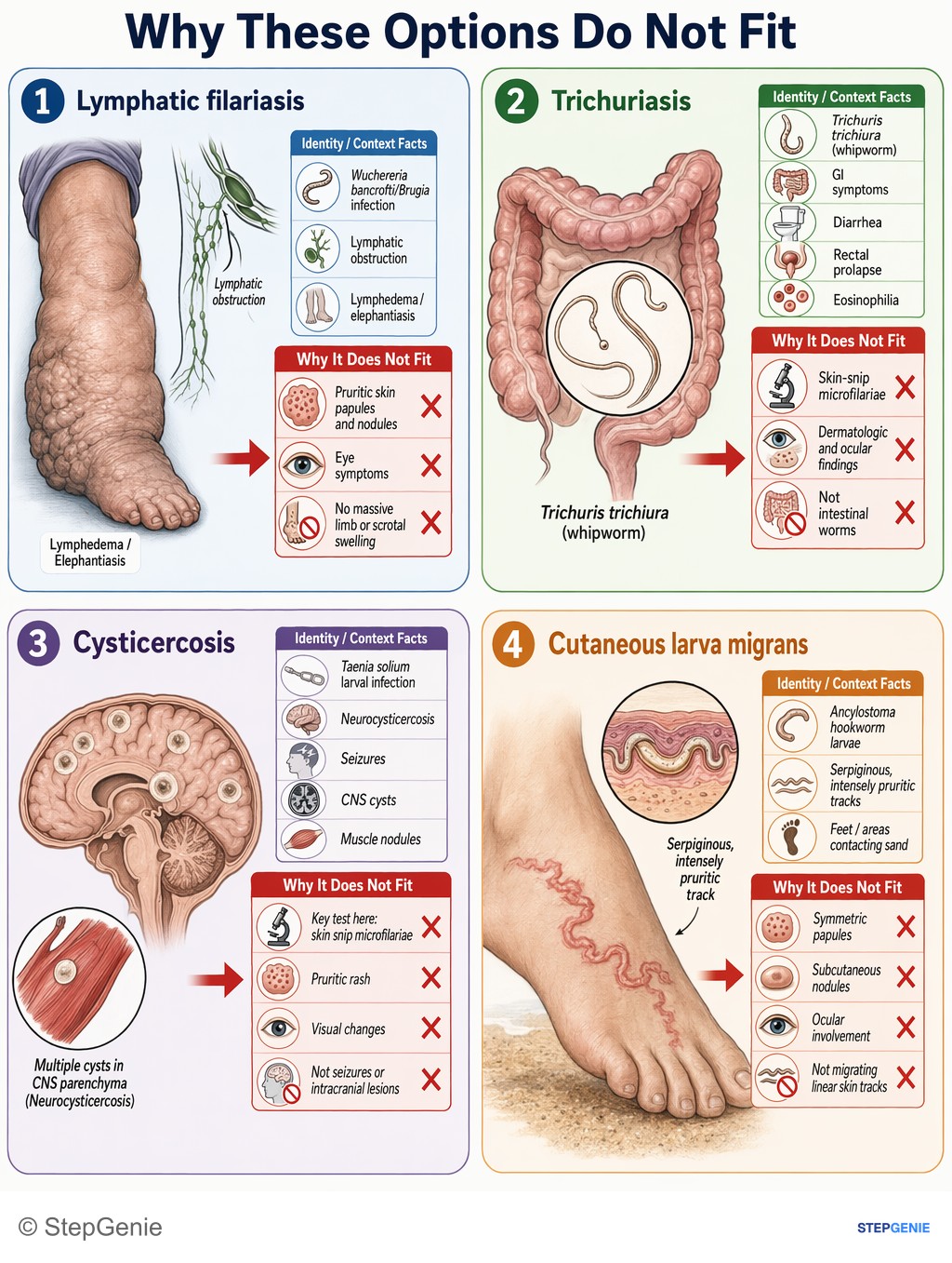 Why the other options are wrong: Onchocerciasis (Onchocerca volvulus) from blackfly bites → pruritic papular rash, subcutaneous nodules, microfilariae in skin…