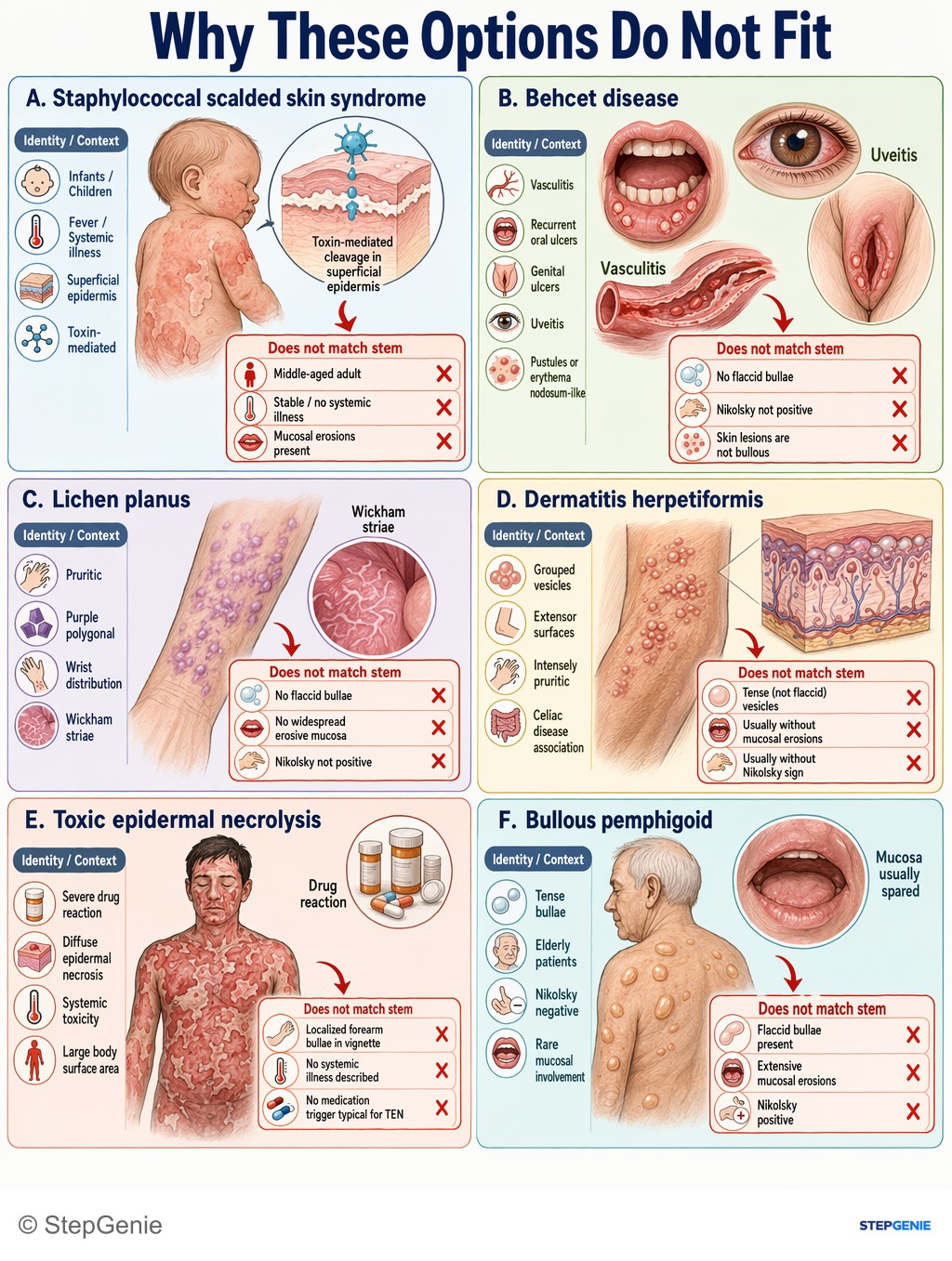 Why the other options are wrong: Pemphigus vulgaris: autoantibodies against desmoglein cause suprabasal acantholysis, flaccid bullae, mucosal erosions, and…