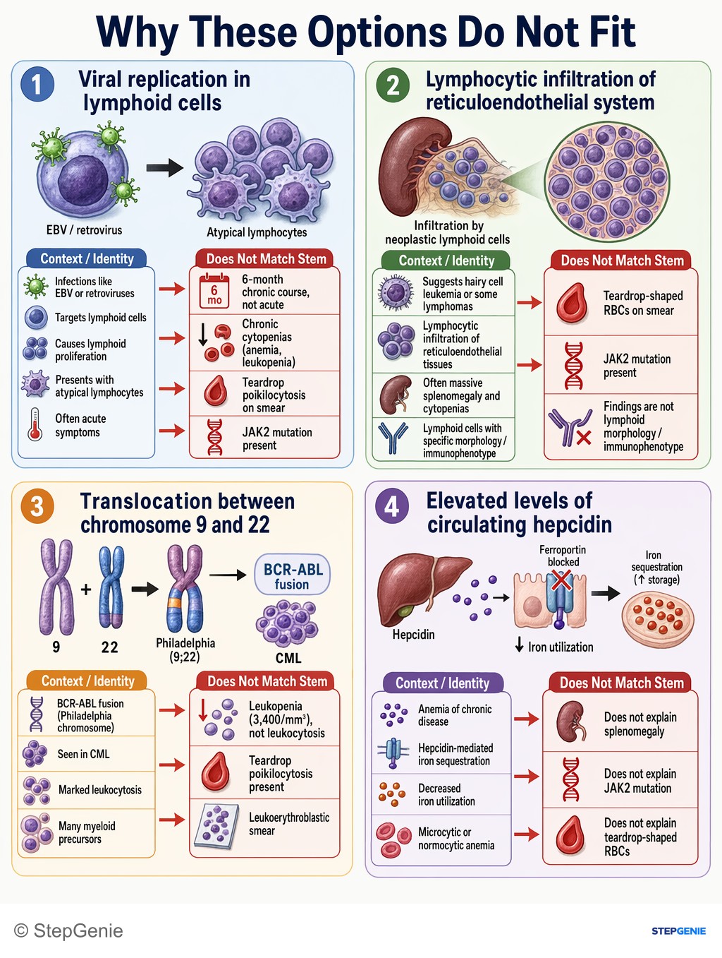 Why the other options are wrong: Primary myelofibrosis from JAK2 mutation causes bone marrow fibrosis → extramedullary hematopoiesis → splenomegaly and teardrop…