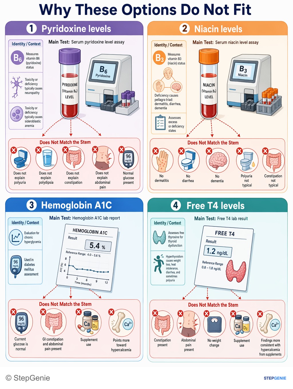 Why the other options are wrong: Hypercalcemia from supplements causes polyuria, polydipsia, constipation, abdominal pain; diagnosis is confirmed by elevated…