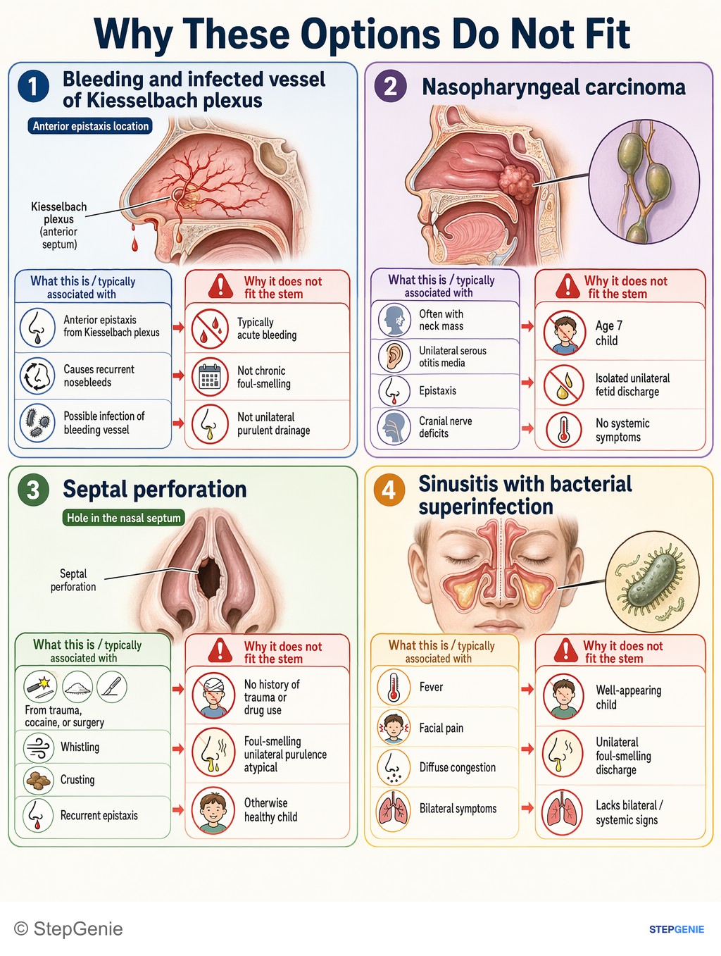 Why the other options are wrong: Nasal foreign body causes unilateral, foul-smelling, sometimes bloody purulent discharge in a well-appearing child after…