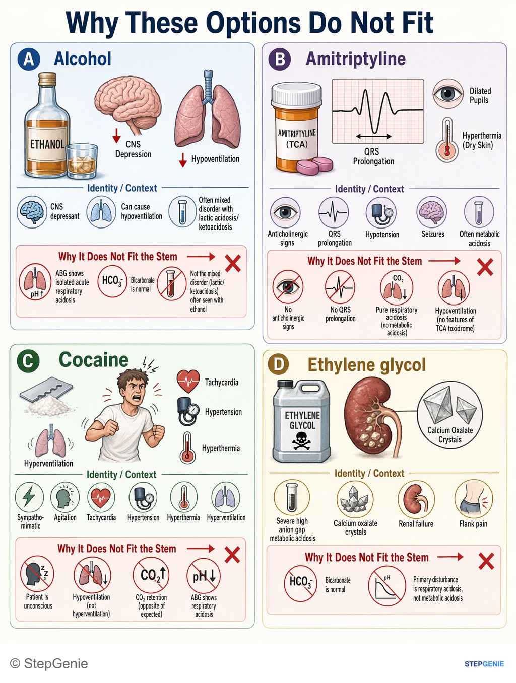 Why the other options are wrong: Acute opioid (heroin) overdose causes hypoventilation → isolated respiratory acidosis (↓pH, ↑PaCO₂, normal HCO₃⁻) with hypoxia…