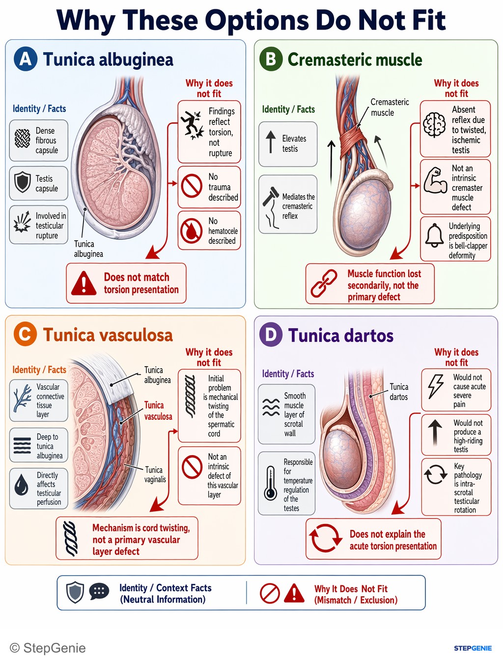 Why the other options are wrong: Testicular torsion from a bell-clapper deformity due to abnormal tunica vaginalis attachment → sudden severe testicular pain,…