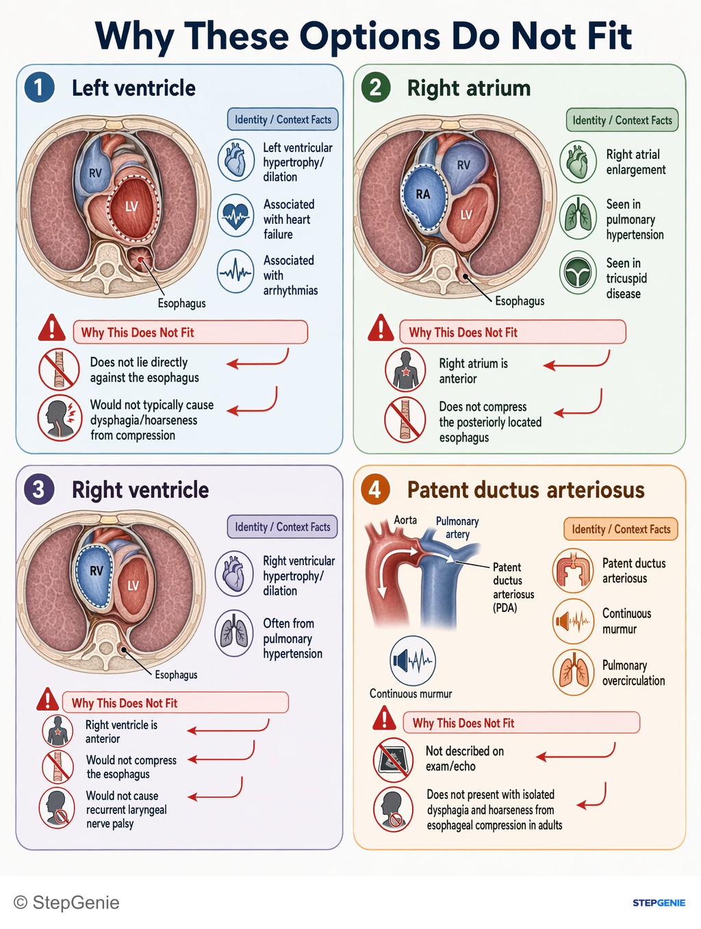 Why the other options are wrong: Left atrial enlargement from mitral stenosis compresses the esophagus and recurrent laryngeal nerve, causing dysphagia and…