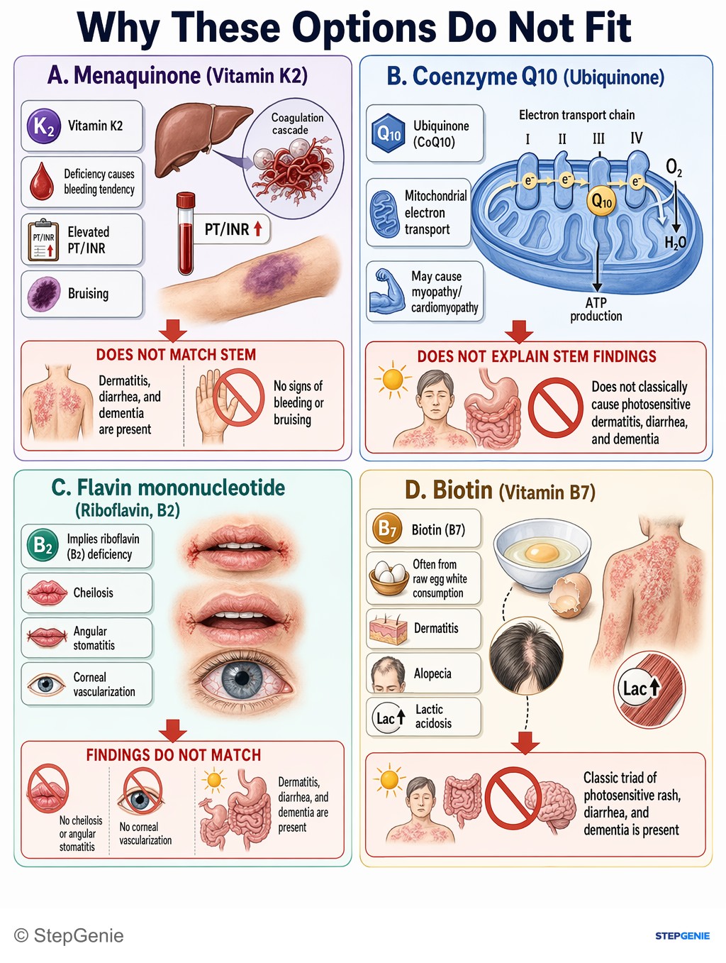 Why the other options are wrong: Pellagra from niacin (vitamin B3) deficiency → impaired NAD+ production, causing dermatitis, diarrhea, and dementia in…