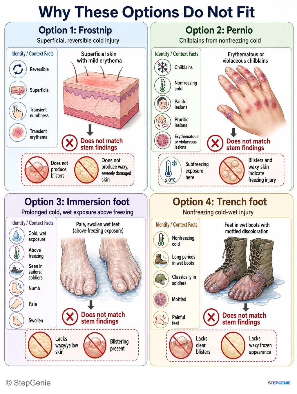 Why the other options are wrong: Frostbite causes freezing of tissues with ice-crystal formation, leading to waxy, yellow skin, clear blisters, and possible…