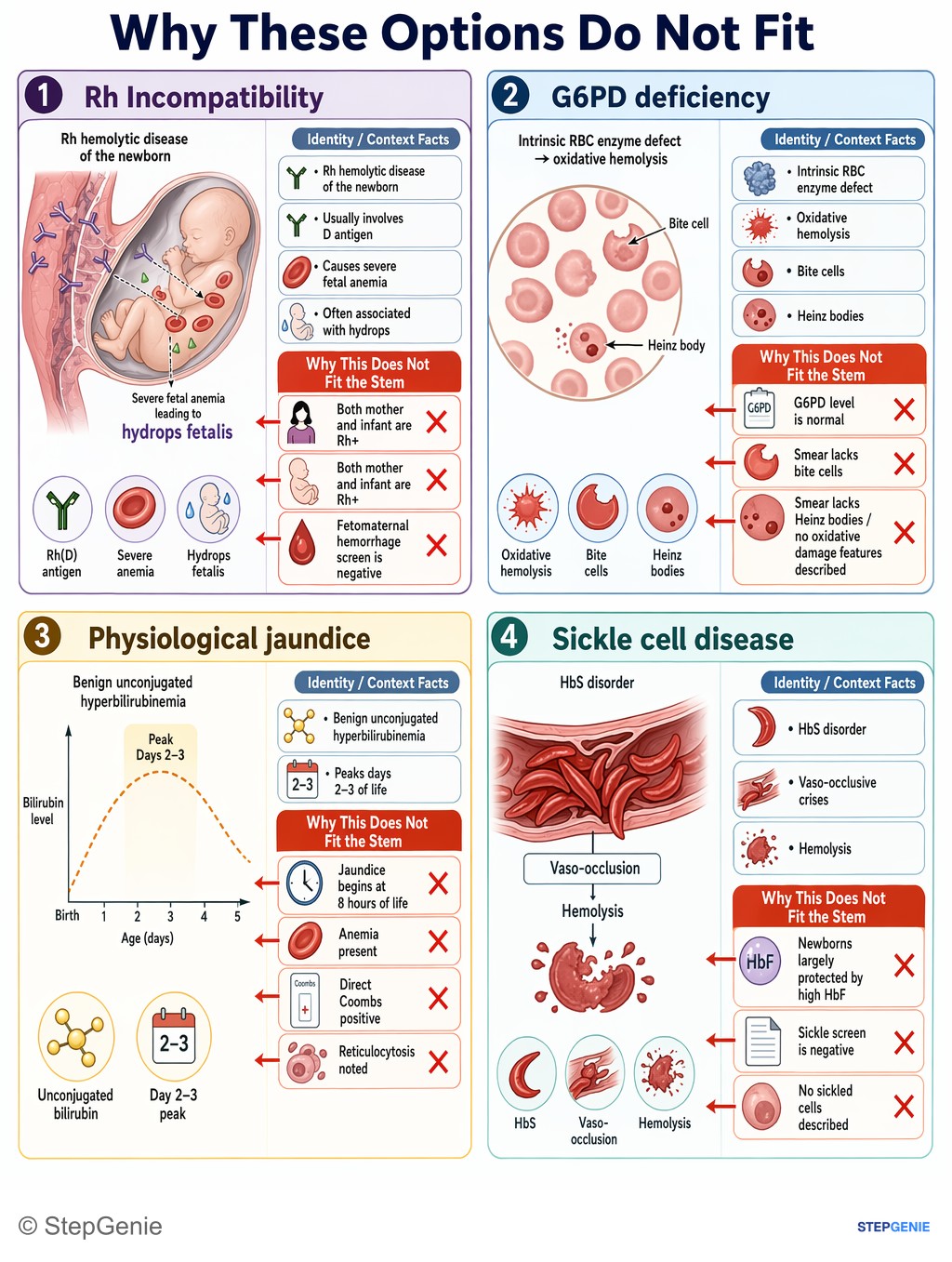 Why the other options are wrong: ABO hemolytic disease of the newborn: maternal anti-A IgG crosses placenta → hemolysis, early jaundice, anemia, positive Coombs,…