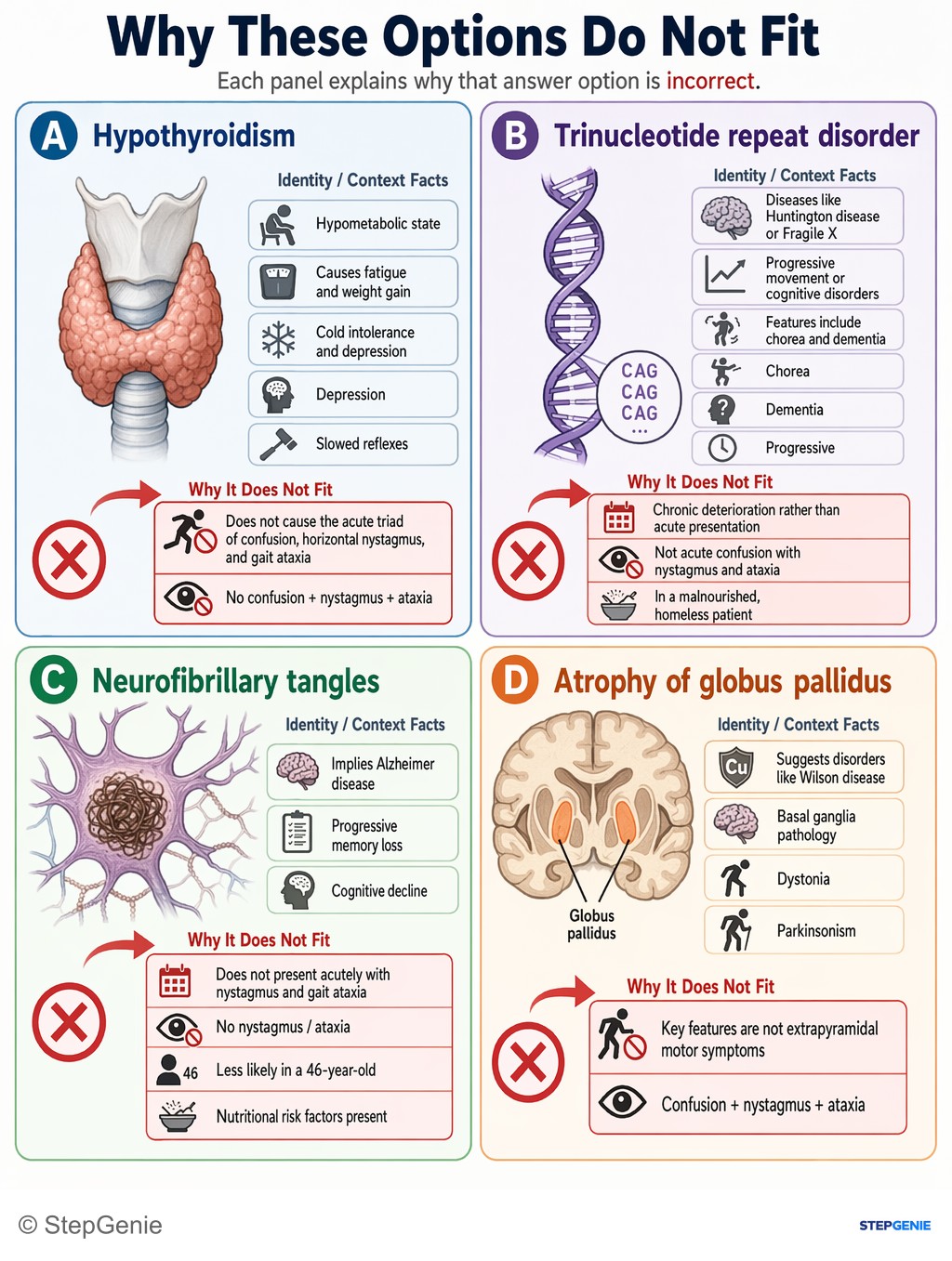 Why the other options are wrong: Wernicke encephalopathy from thiamine deficiency (alcoholism/malnutrition) causes mammillary body necrosis → confusion,…
