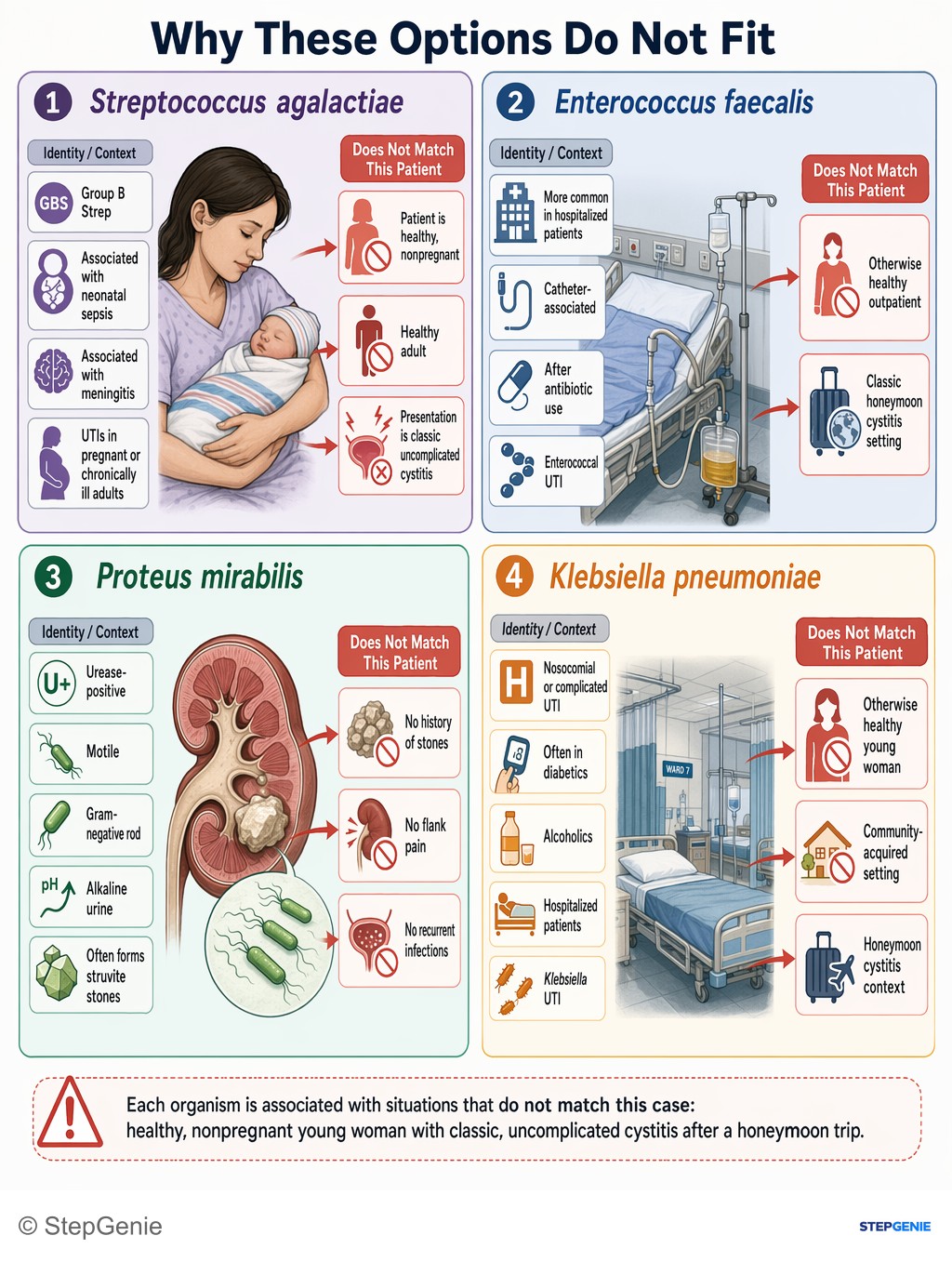 Why the other options are wrong: Staphylococcus saprophyticus causes acute cystitis in young sexually active women: dysuria, frequency, suprapubic pain,…