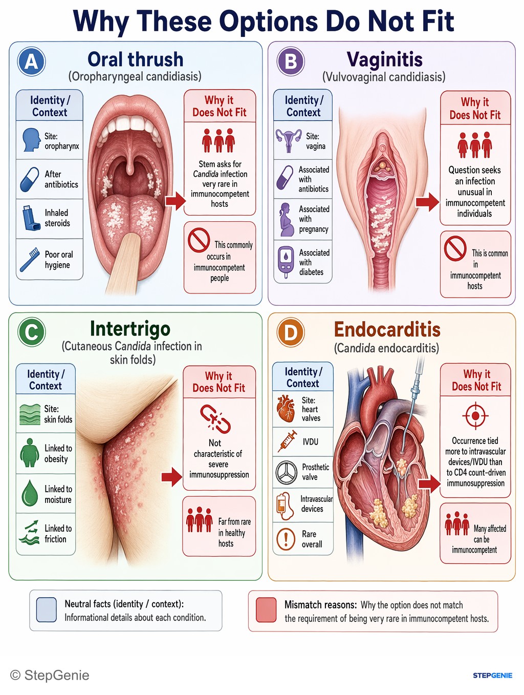Why the other options are wrong: Candida esophagitis occurs in patients with advanced immunosuppression (CD4 <100) and is rare in immunocompetent individuals;…