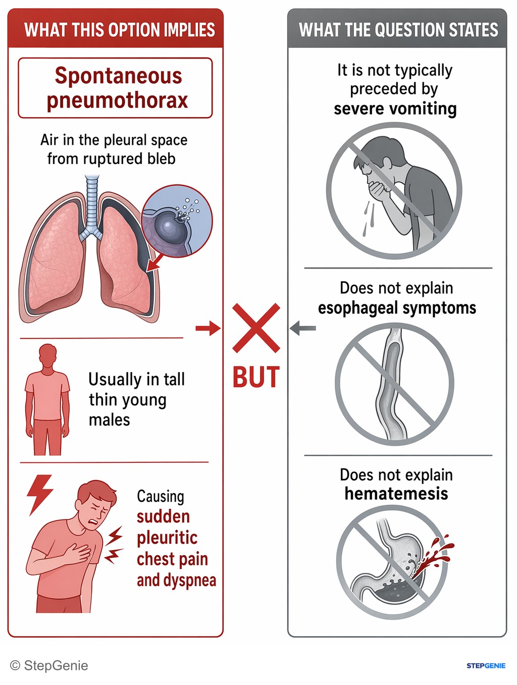 Why not Spontaneous pneumothorax: This option implies air in the pleural space from ruptured bleb, usually in tall thin young males, causing sudden pleuritic chest pain and…