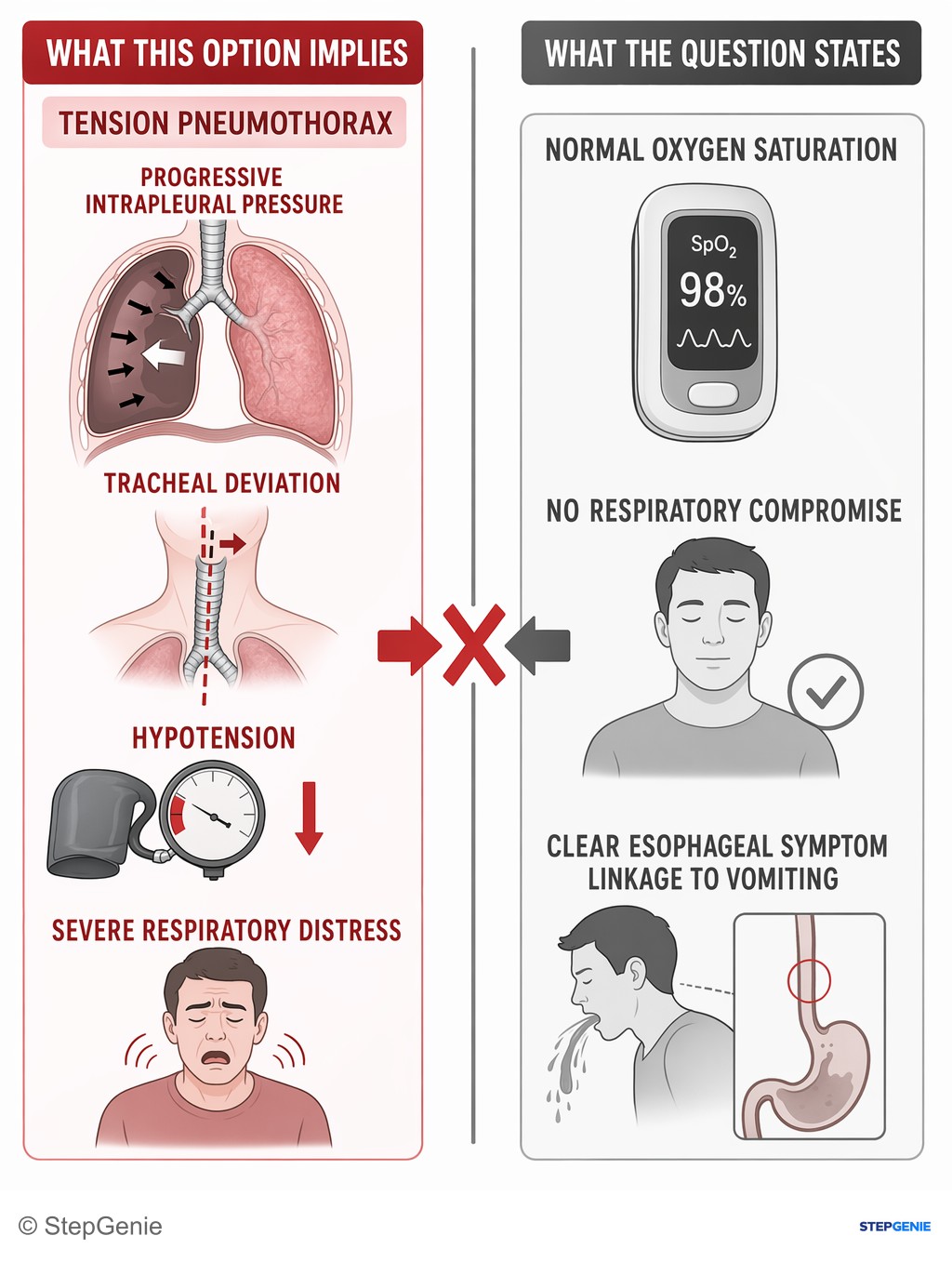 Why not Tension pneumothorax: This option implies progressive intrapleural pressure with tracheal deviation, hypotension, and severe respiratory distress, BUT this…